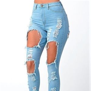 High Rise Skinny Jeans w/ Thigh & Knee Cut Outs